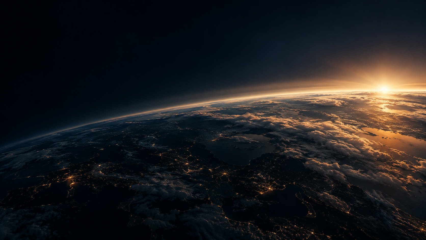 An imagined view of Earth’s curved horizon at dawn
